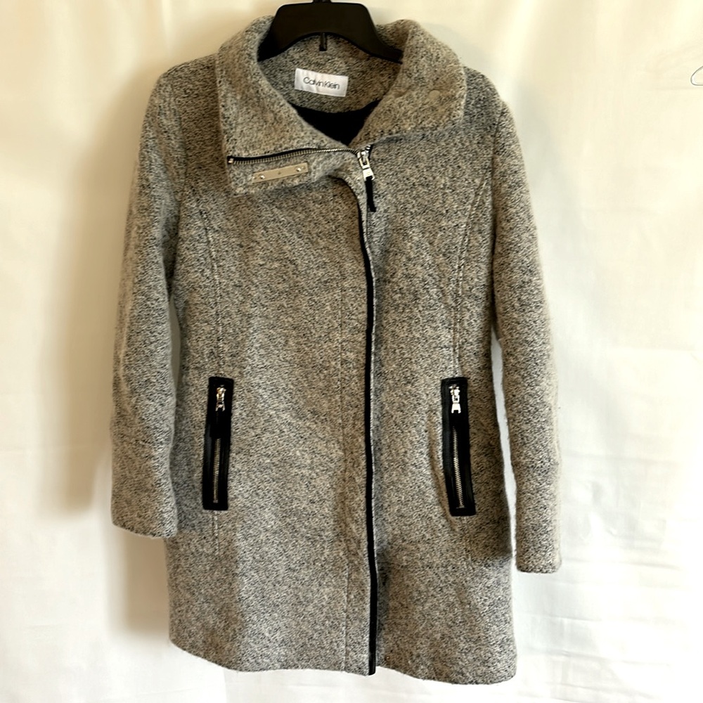Calvin Klein Faux-Leather-Trim Asymmetrical Wool-blend Coat, size small